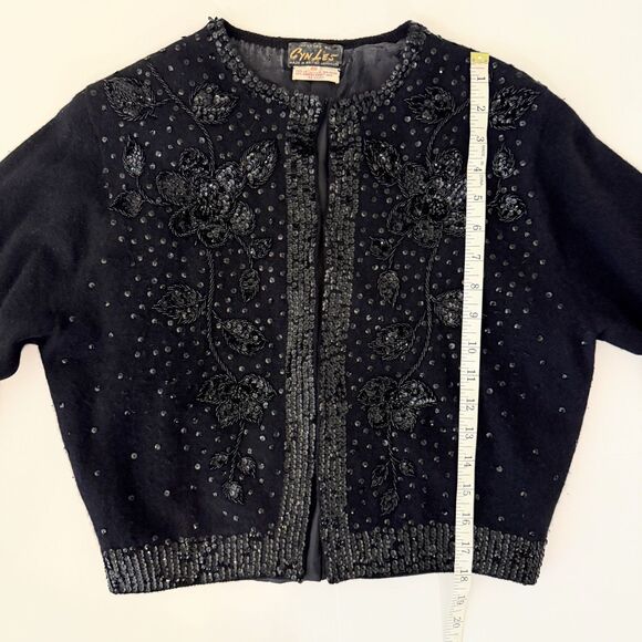Cyn Les Vintage 1950's Lambs Wool & Angora Sequin Beaded Knit Cardigan Black 40 - Picture 7 of 15